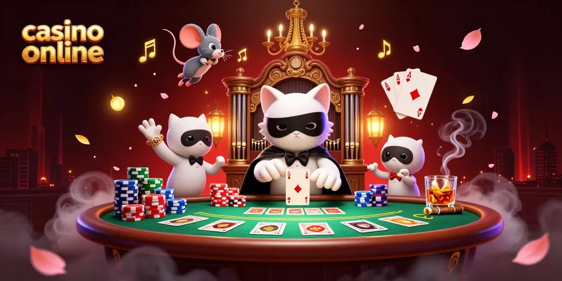 Jucând la casino online, o pisică albă în stil fantomă pune în mișcare un organ de casino cu petale de trandafir în jur.