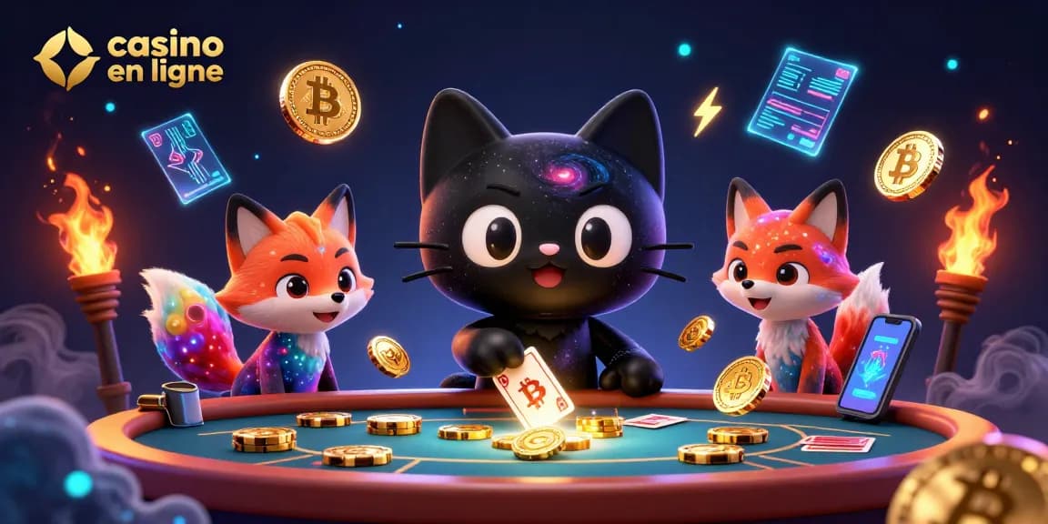 Casino en ligne : un chat trou noir et un renard nébuleux au casino cosmique, attirant les jetons dorés.