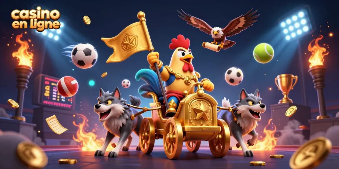 Illustration animée de casino en ligne avec un coq guerrier et des éléments de jeux dynamiques.
