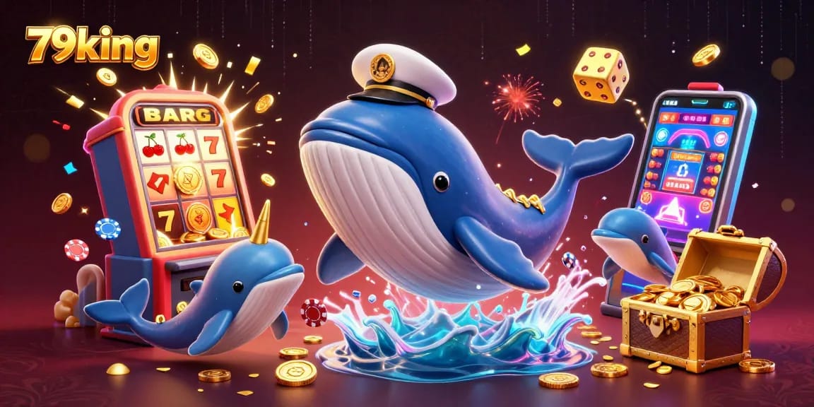 Win big with 79king as a giant whale navigates a sea of coins surrounded by exciting casino elements.