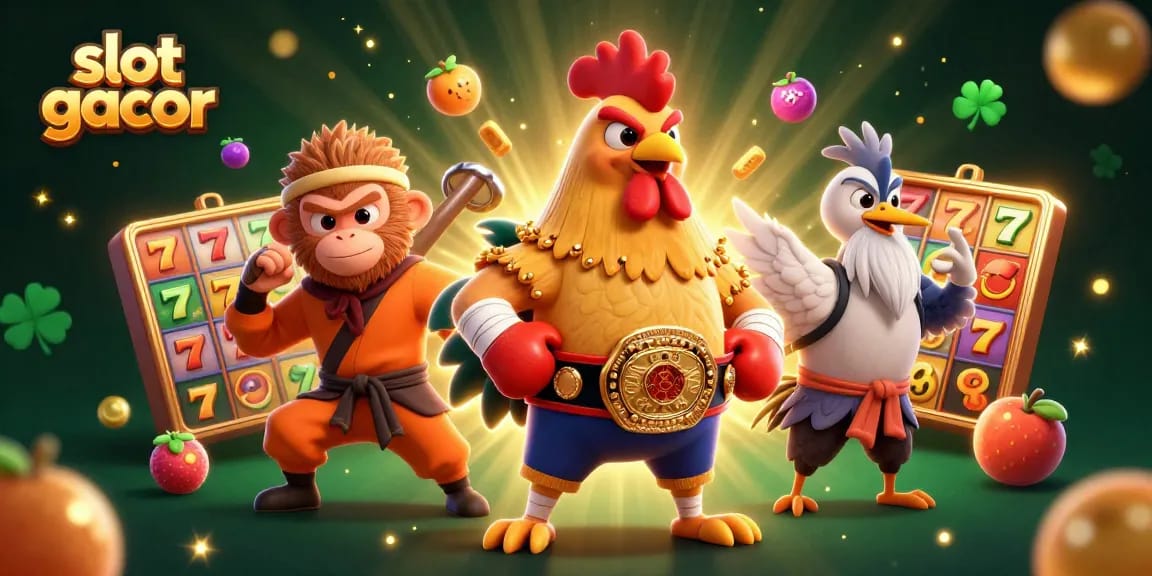 Engage with the slot gacor world through a dynamic scene featuring fierce characters and slot reels.