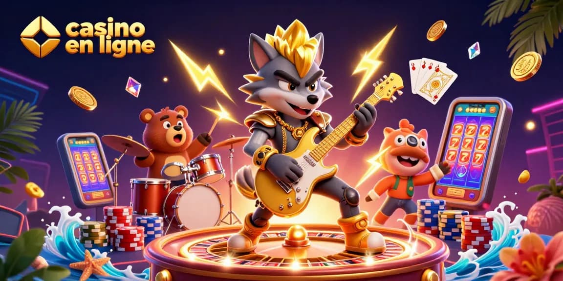 Vibrez avec le casino en ligne : un loup rockstar et un ours sur scène, entourés de pièces dorées et de cartes gagnantes.
