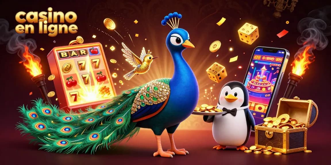 Découvrez l'univers captivant du casino en ligne avec un paon aristocratique et un pingouin majordome servant des jetons d'or.