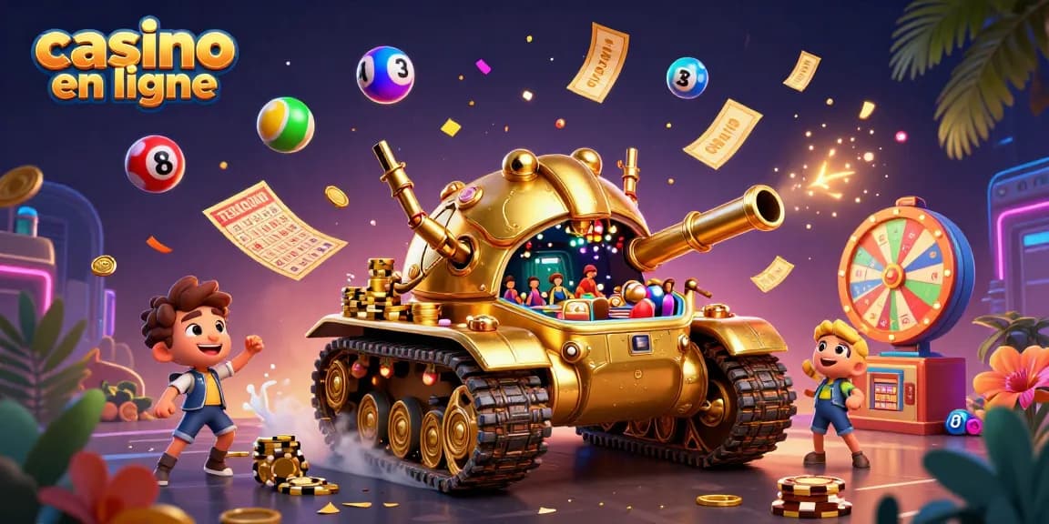 Jouez à casino en ligne avec ce tank doré unique abritant un mini casino, entouré de boules numériques colorées.