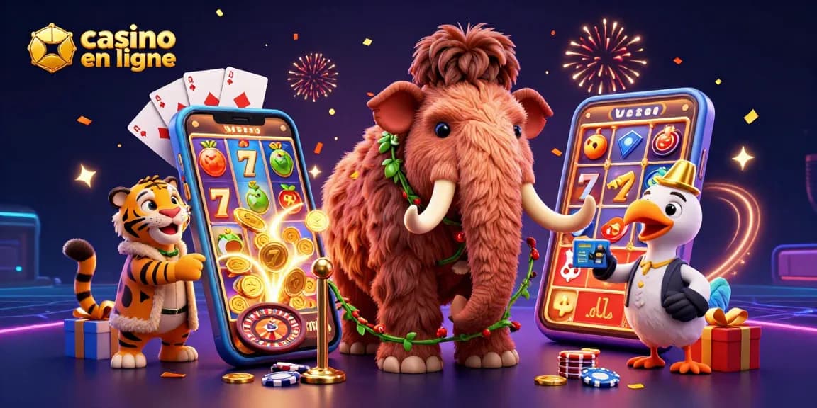 Casino en ligne : Mammouth, tigre et dodo accueillent les VIPs dans une illustration festive 3D.