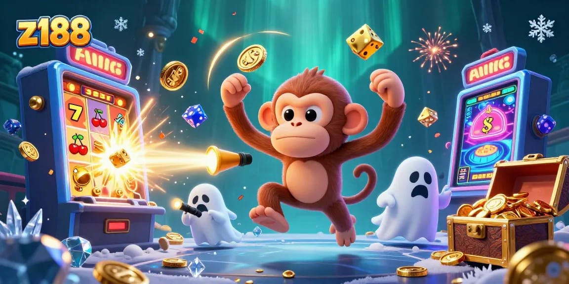 Experience thrilling excitement at z188's haunted casino with playful ghosts juggling golden treasures.