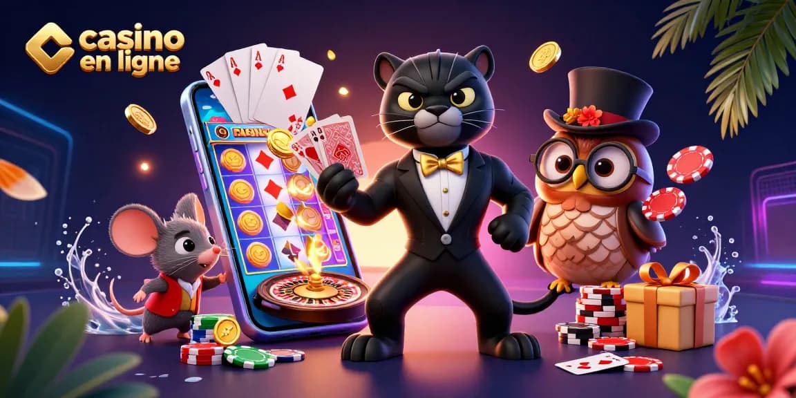 Découvrez le casino en ligne, avec une élégante panthère, un hibou et une souris chanceuse jouant ensemble.
