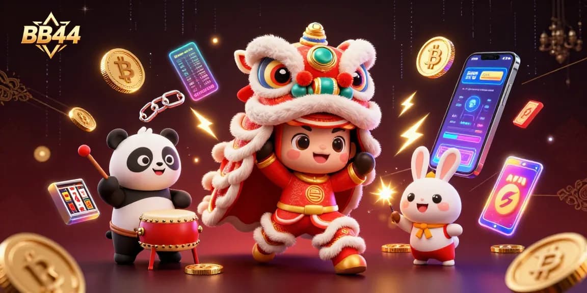 Engage with BB44 online slots and live games through vibrant 3D illustration featuring a dancing lion and crypto elements.