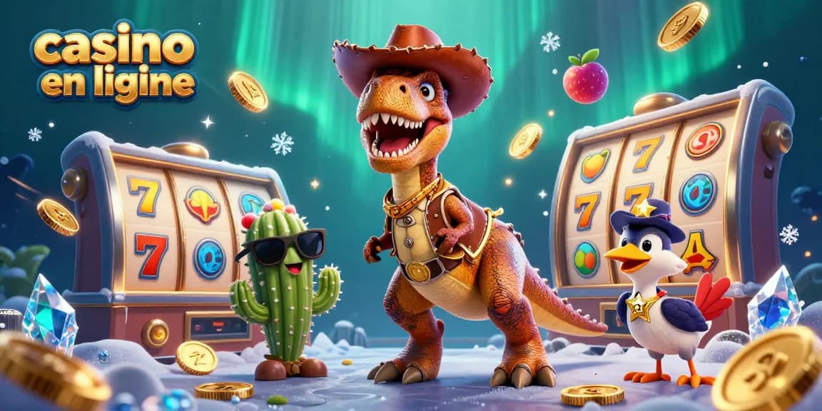 Jouez à casino en ligne avec ce T-Rex et ses amis sous des lumières scintillantes.