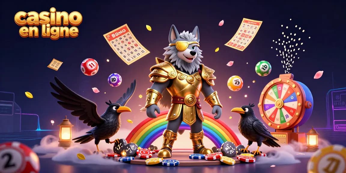 Illustration 3D vibrante capturant l'excitation d'un casino en ligne avec des éléments de jeu animés.