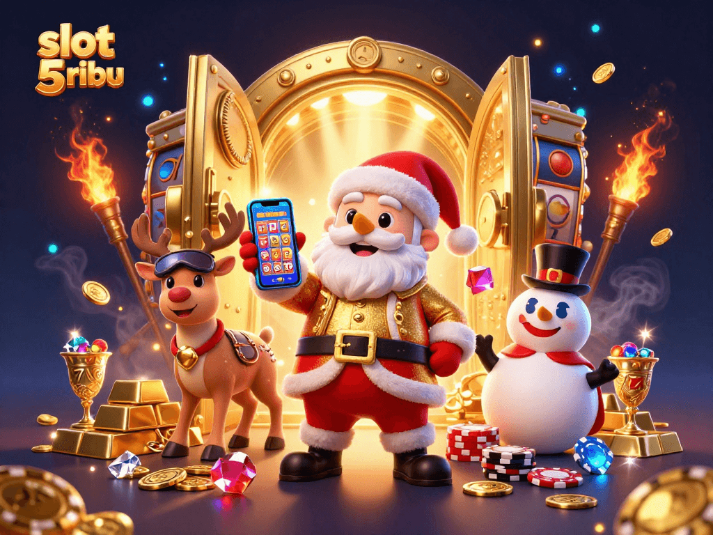 Spin to win with slot 5 ribu, showcasing a magical casino scene with Santa and riches.