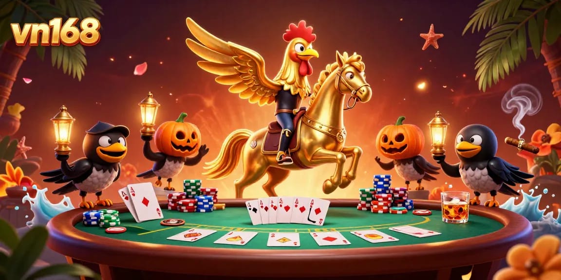 Experience epic wins with vn168's golden rooster at a vibrant casino filled with poker excitement.