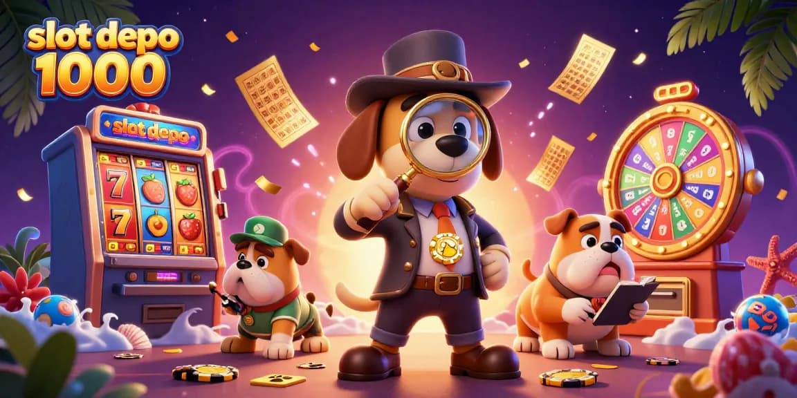 Engage with slot depo 1000 through vibrant slot reels, detective-themed scene, and festive gambling elements.