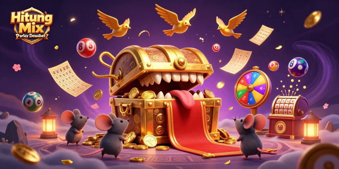 Hitung Mix Parlay Dewabet showcases an enchanting treasure chest scene filled with vibrant lottery elements.