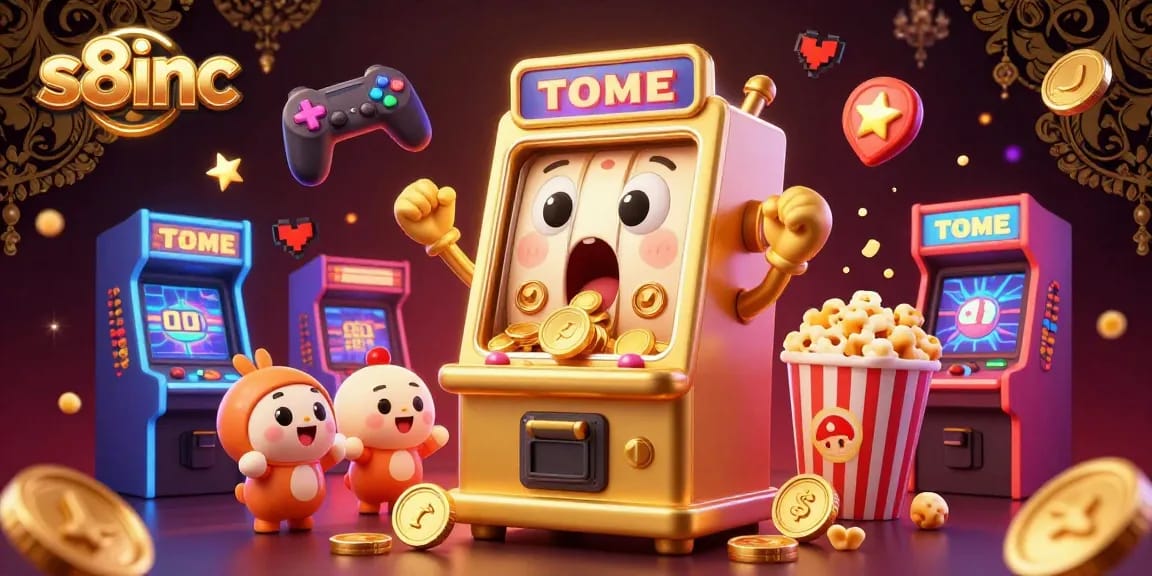S8inc's animated golden slot machine celebrates hitting a jackpot amidst dynamic gaming elements and cheering companions.