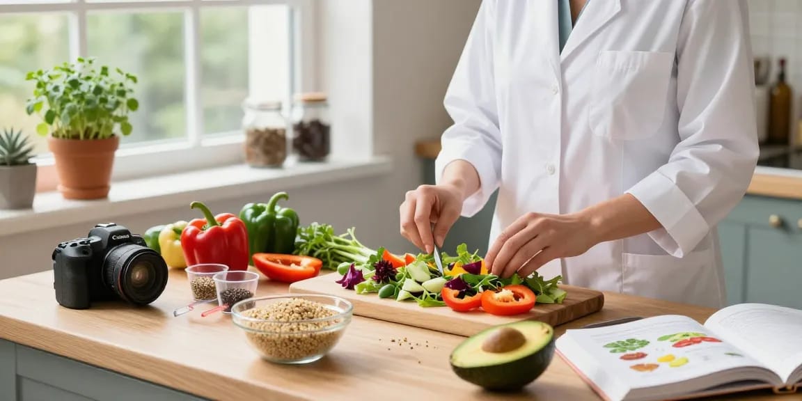 Healthy cooking scene featuring a nutritionist with fresh salad ingredients, embodying เว็บสล็อต แท้ 100 เปอร์เซ็นต์ in home kitchen.