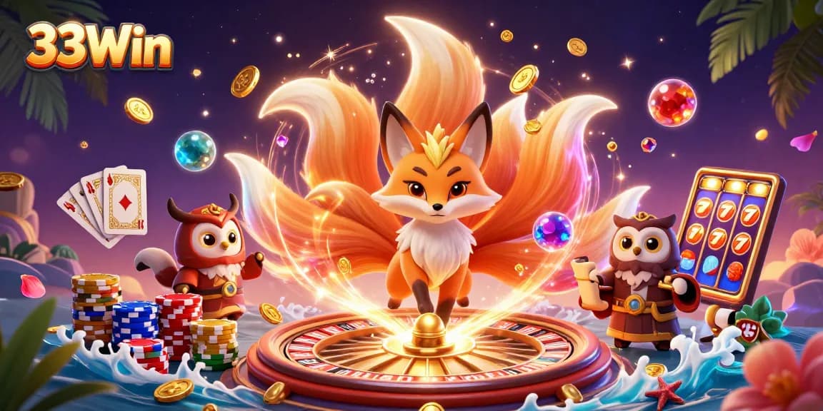 Engage with the magical 33Win experience featuring vibrant characters and casino elements.