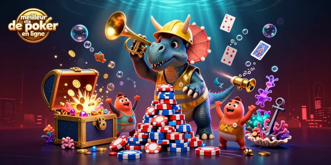 Gagnez sur le meilleur site de poker en ligne avec une illustration dynamique et colorée de personnages cartoon.