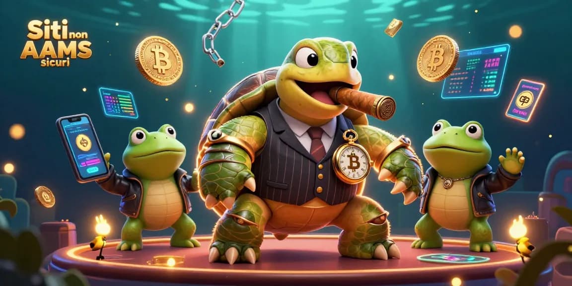 Prova i giochi nei Siti non AAMS sicuri con una tartaruga gangster e rane in giacca, circondati da monete crypto