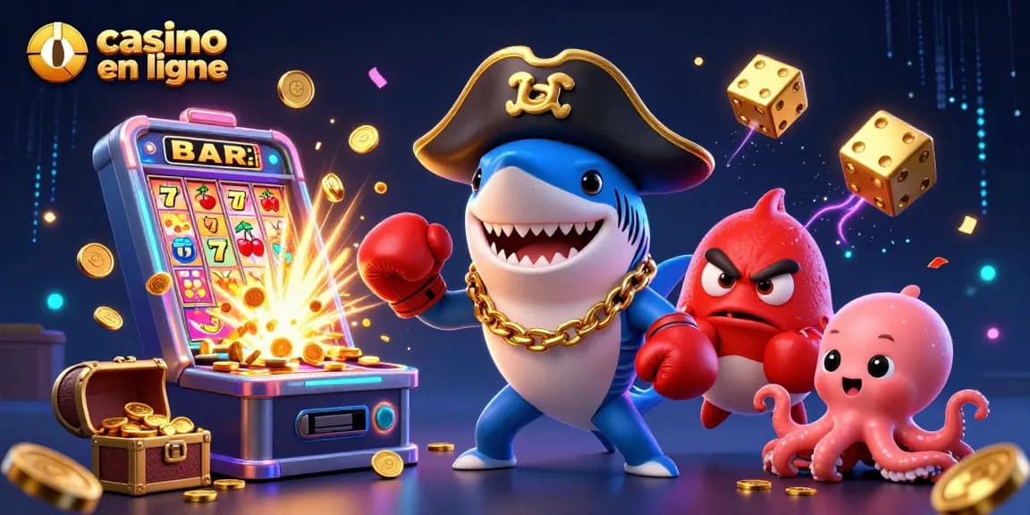 Casino en ligne : illustration captivante d'un requin pirate avec un poisson-globe et une pieuvre, entourés de machines à sous.