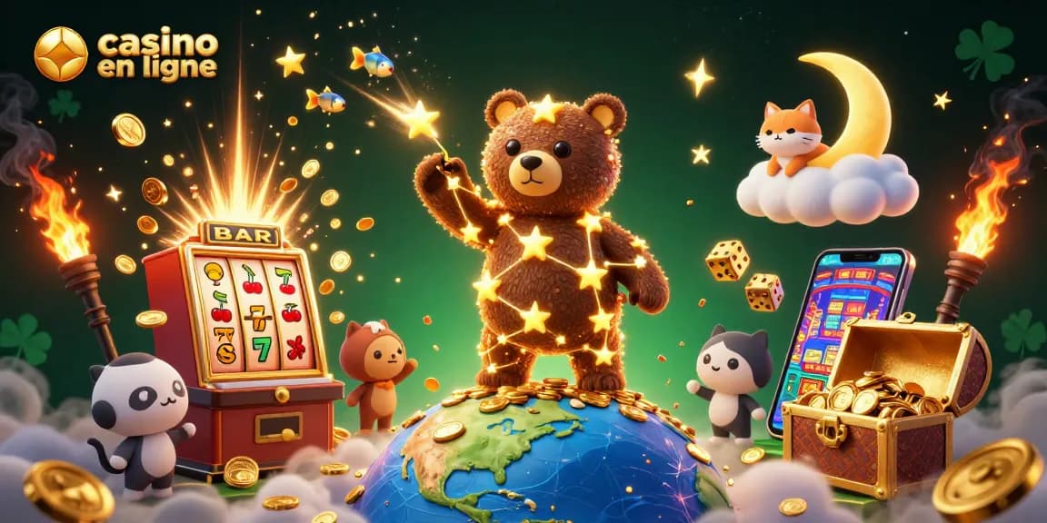 Jouez à un casino en ligne avec des éléments colorés et un ours constellation attrapant des pièces d'or.