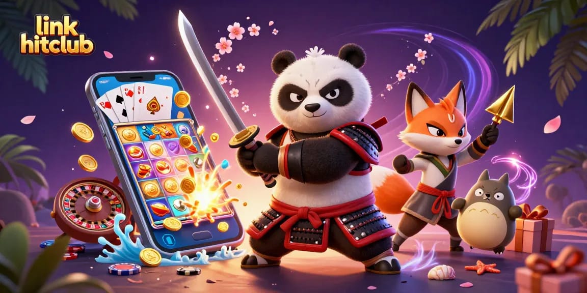 Engage in thrilling gameplay with link hitclub as the samurai panda and ninja fox venture through a vibrant casino world.