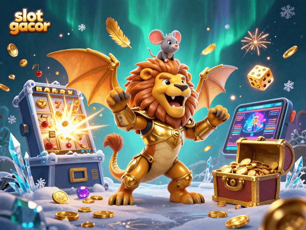 Slot gacor menampilkan ilustrasi 3D dengan karakter unik dalam suasana kasino yang meriah.