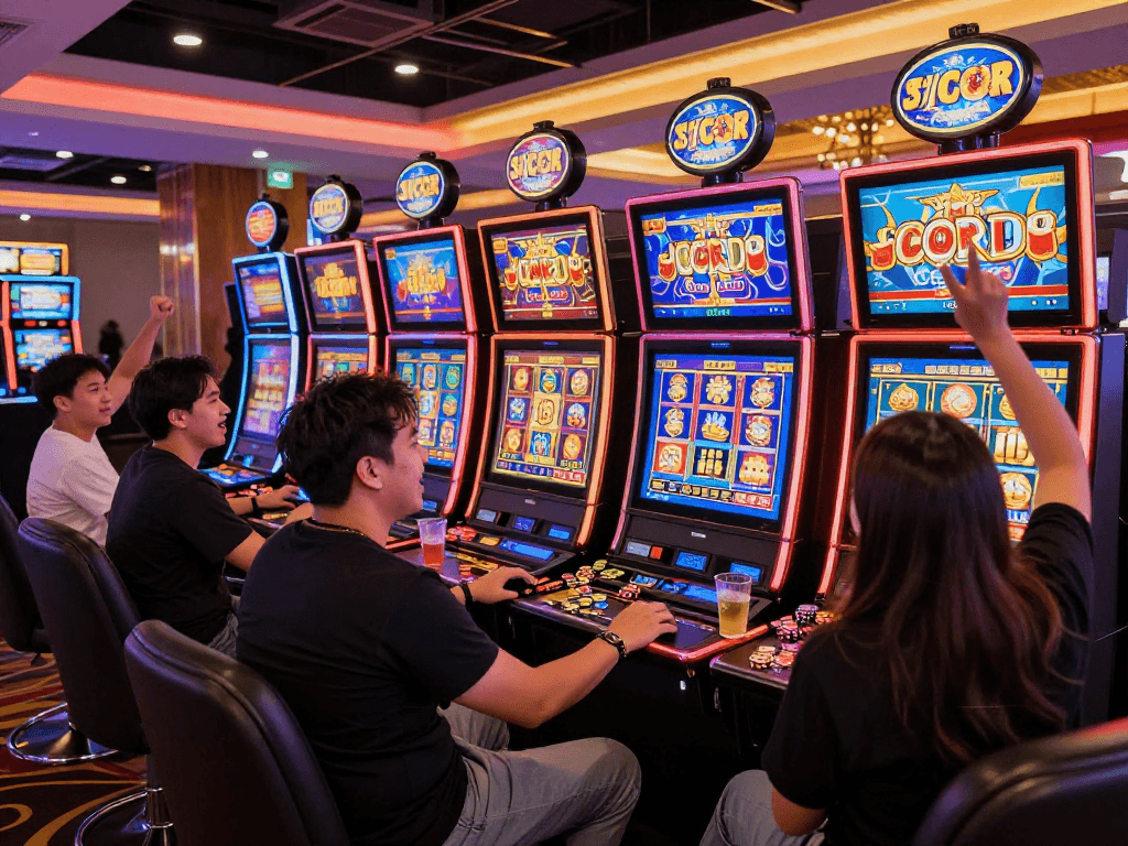 Exciting gaming atmosphere with diverse players enjoying gacor slot machines in a vibrant casino setting.