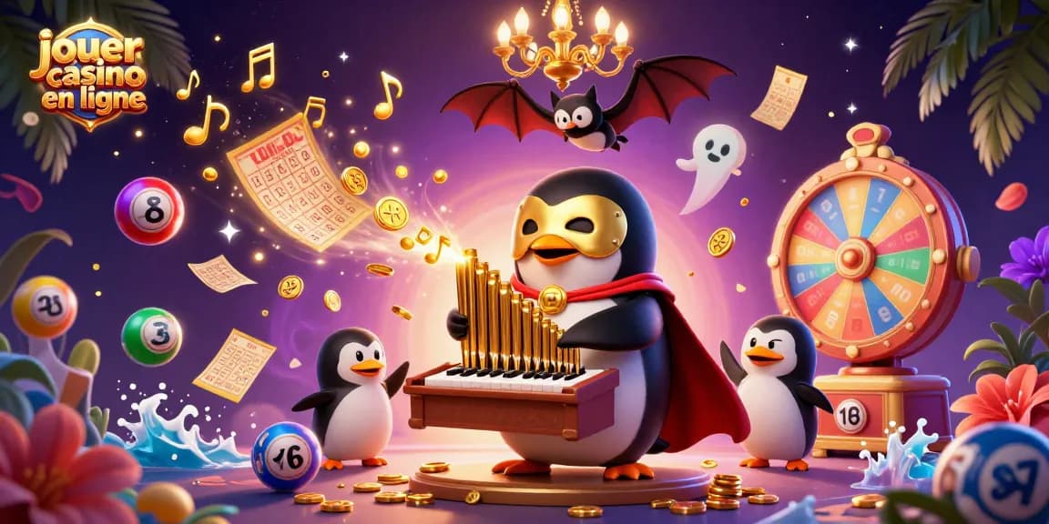 Jouez au casino en ligne avec une illustration captivante d'un pingouin et d'un acrobate, plein d'énergie.