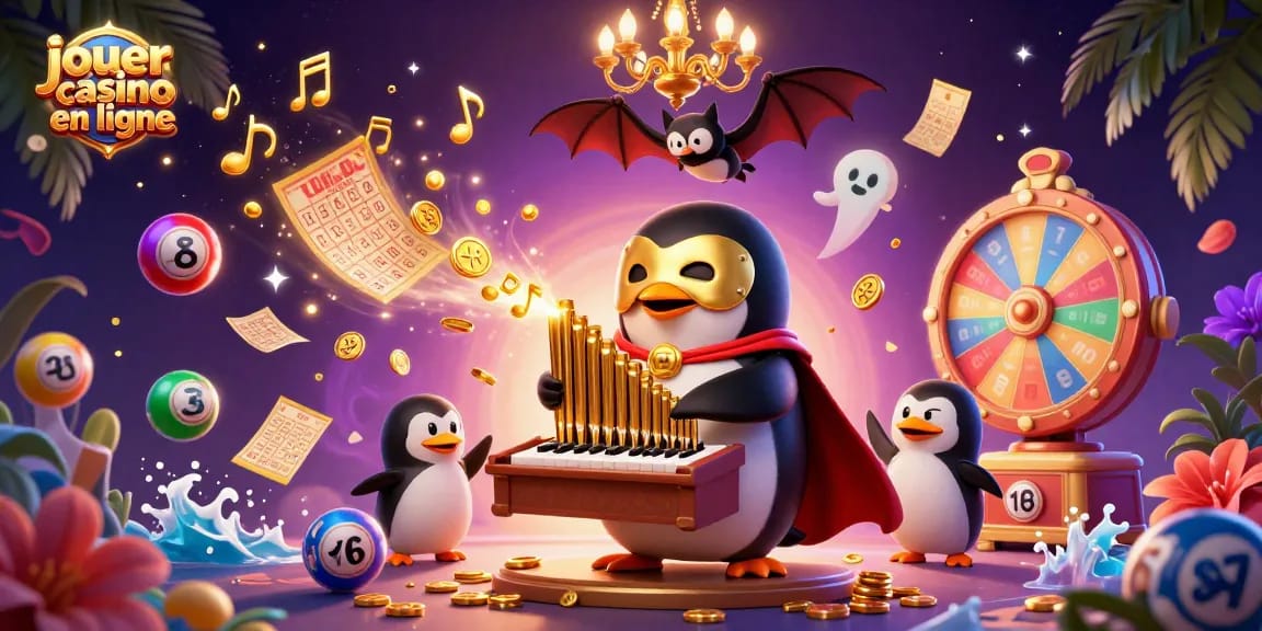 Jouez au casino en ligne avec une illustration captivante d'un pingouin et d'un acrobate, plein d'énergie.