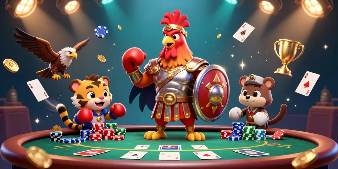 Gioca a app poker online con un gallo guerriero e il suo partner mentre i gettoni e le carte volano in un vivace ambiente di casinò.