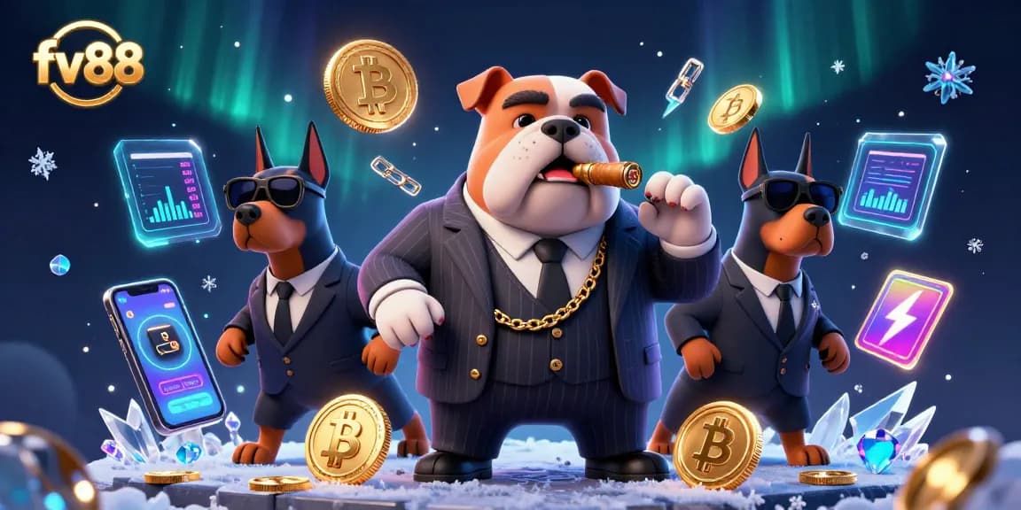 Experience exciting betting at fv88 with a dynamic scene of a mafia boss bulldog and his bodyguards.