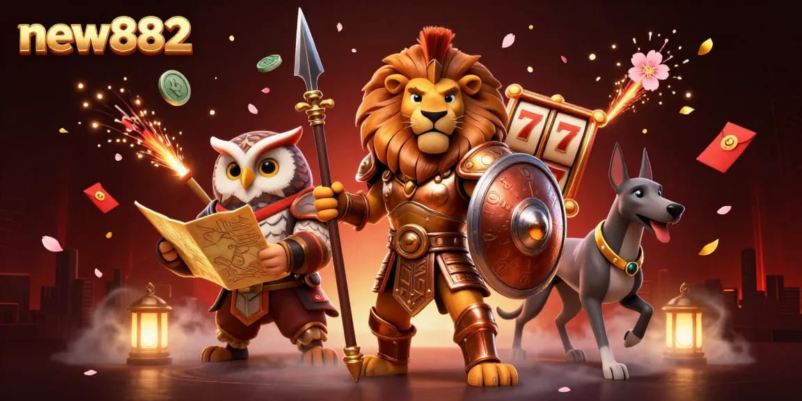 Experience thrilling slots with new882 featuring a Spartan lion, tactical owl, and greyhound in a vibrant casino scene.