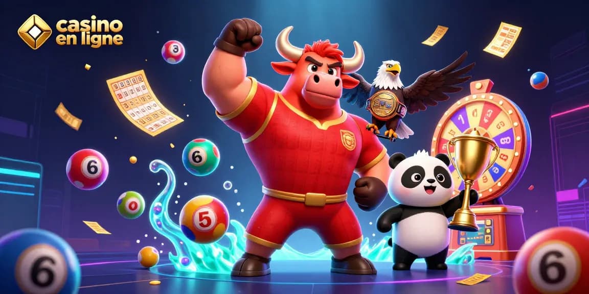 Visualisez le monde captivant du casino en ligne avec un bull mascotte et des éléments vibrants, illustrant des jeux de loterie.