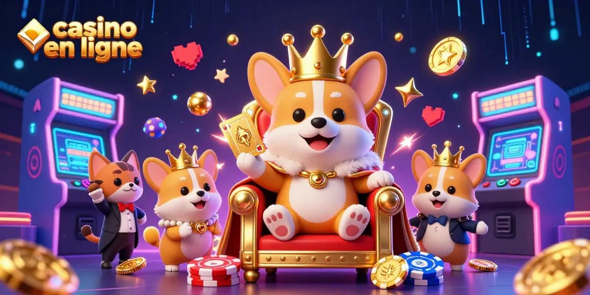 Vivez l'excitation du casino en ligne avec ce corgi royal entouré de jeux colorés et de cartes d'or.