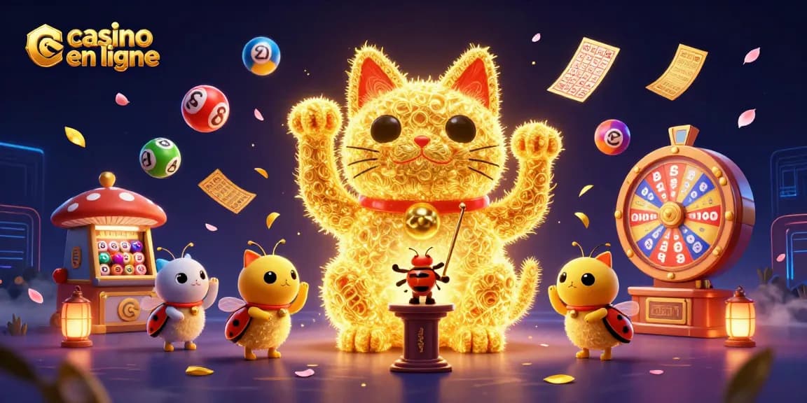 Plongez dans l'univers du casino en ligne avec un chat porte-bonheur constitué de lucioles dorées.