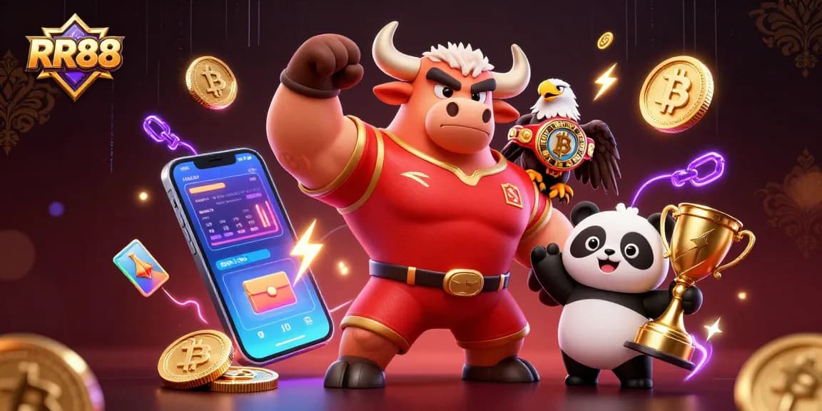 Win at RR88 with a vibrant 3D illustration showcasing casino-themed characters and crypto elements.