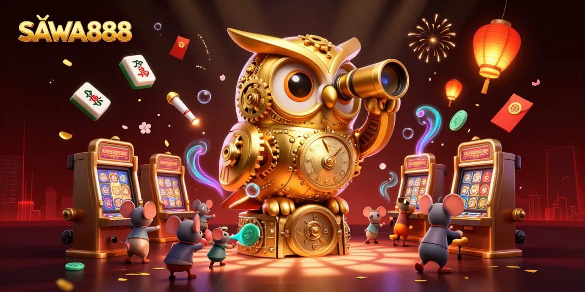 SAWA888 showcases a dynamic casino scene with a golden owl and lucky charms in action.