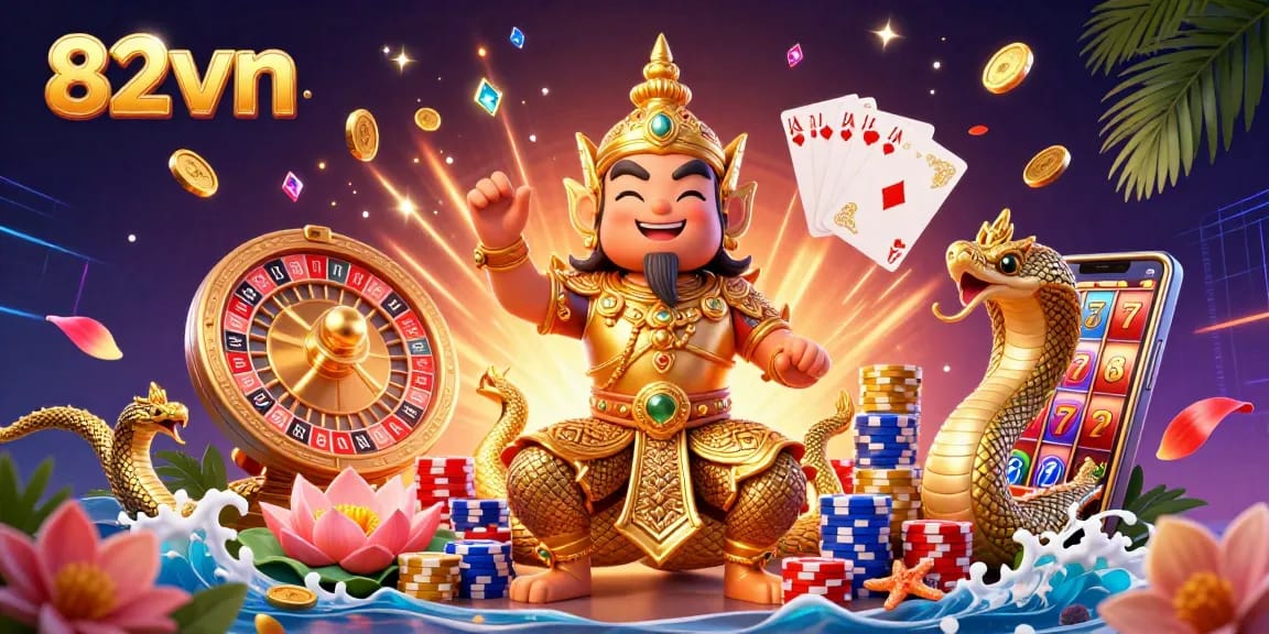 Experience the excitement at 82vn with vibrant casino elements, including golden coins and a spinning roulette!