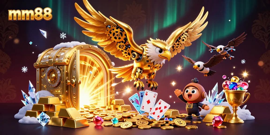 mm88 showcases an exhilarating dive with a cybernetic eagle amidst shimmering treasures and playing cards.