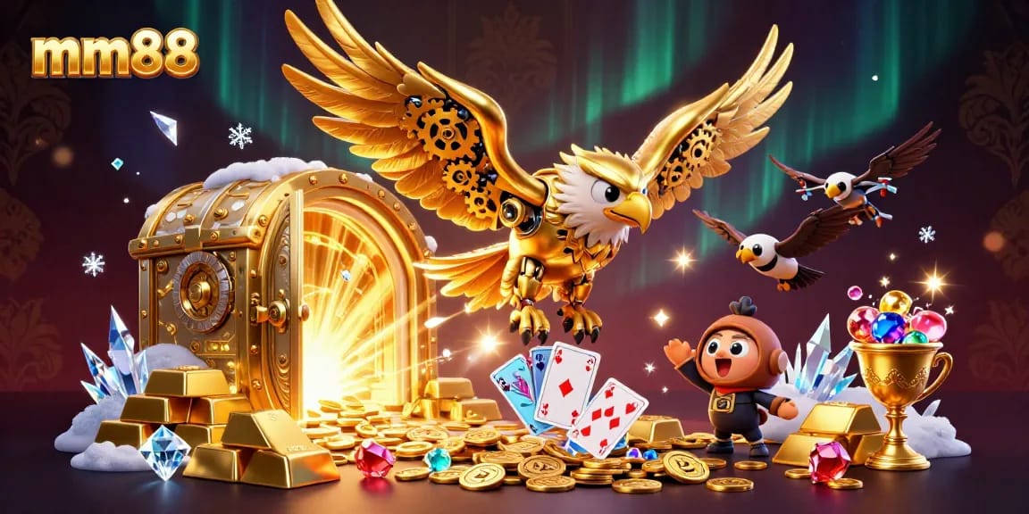 mm88 showcases an exhilarating dive with a cybernetic eagle amidst shimmering treasures and playing cards.