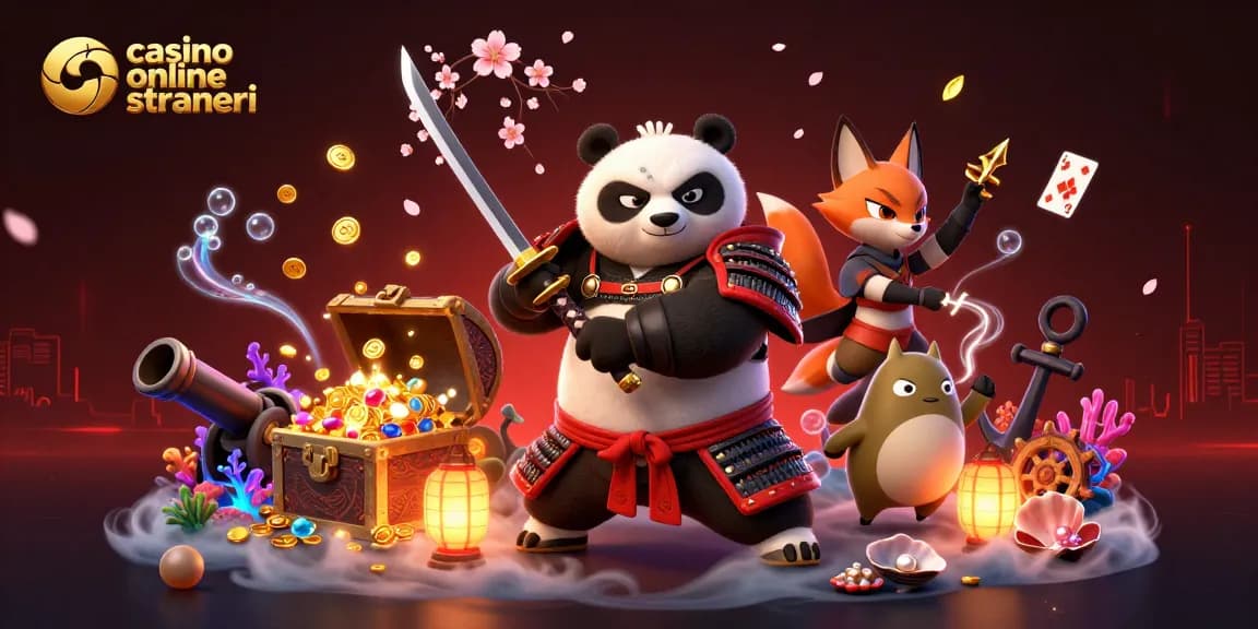 Gioco nei casinò online stranieri con panda guerriero e volpe ninja tra tesori d'oro.