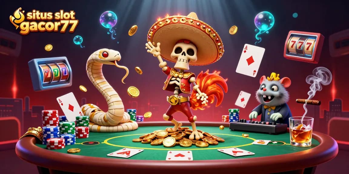 Experience the excitement of gambling at situs slot gacor77 with a festive 3D casino scene filled with characters.