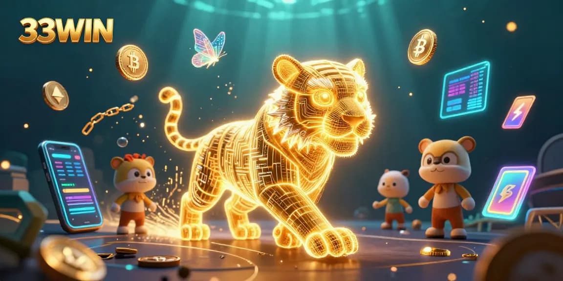 Experience exciting gameplay with 33WIN as the glowing golden tiger navigates a vibrant crypto casino.