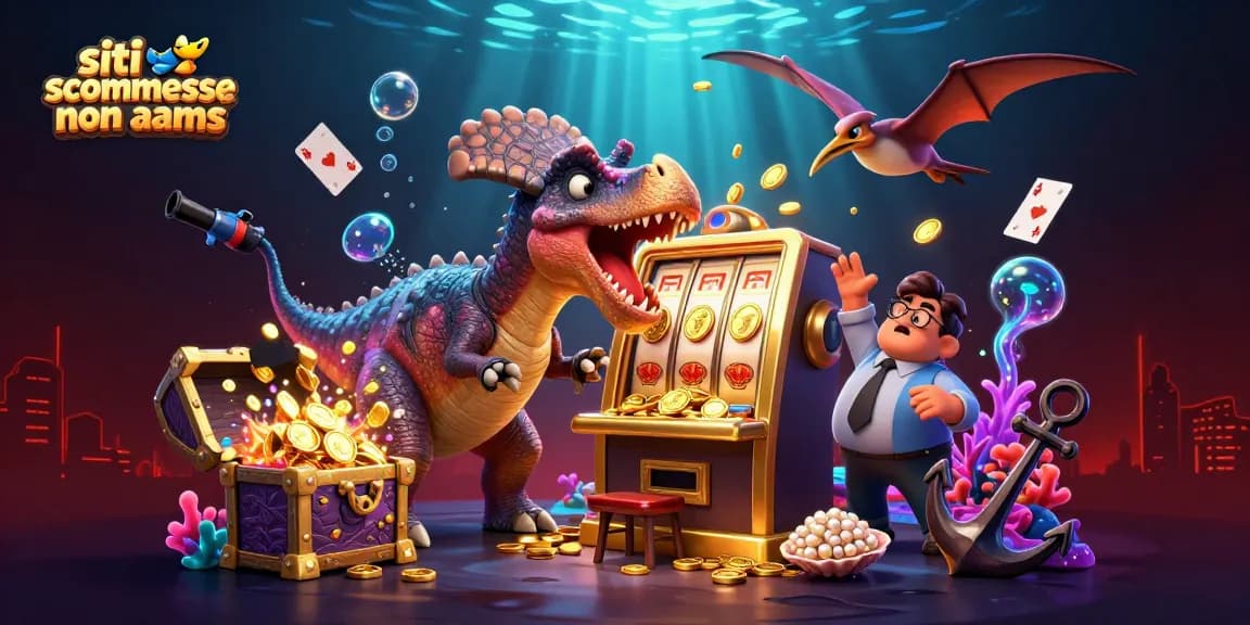 Siti scommesse non AAMS: pachycephalosaurus che colpisce una slot machine d'oro mentre un ankylosaurus gestore agita la sua coda