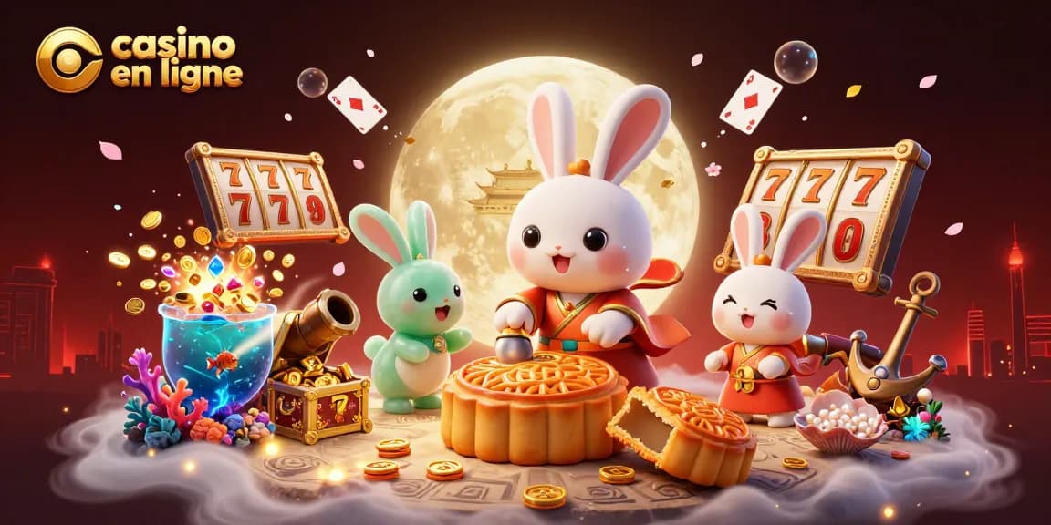 Illustration d'un casino en ligne avec un lapin de lune, des jetons et des éléments de jeu scintillants.
