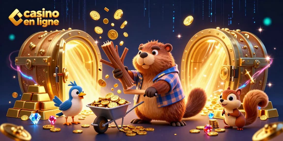 Animations de casino en ligne avec un castor et un écureuil collectant des pièces d'or.
