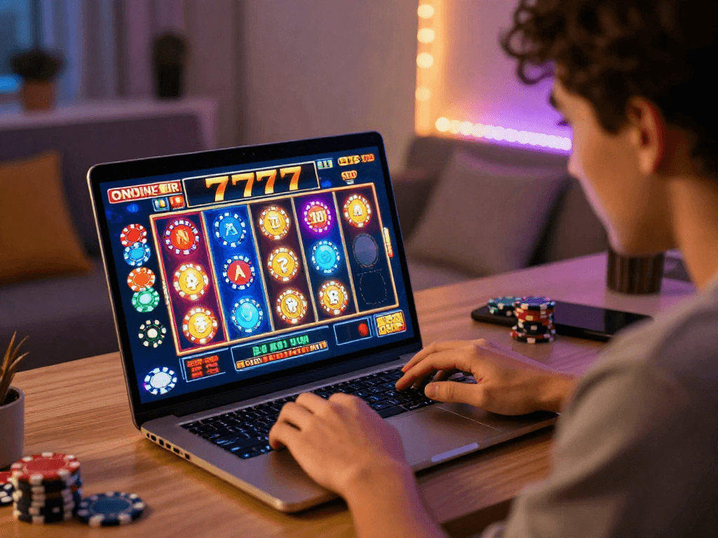 Engaged player enjoying slot777 online gaming experience in modern home office.