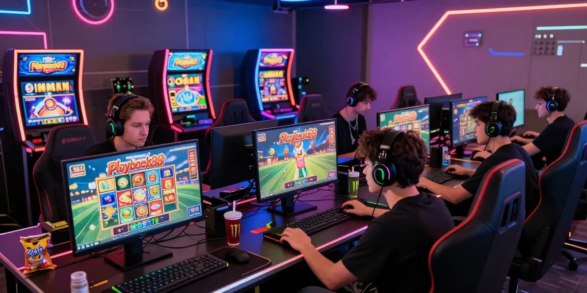 Gamers enjoying Playbook88 slots in an exciting online gaming arena.
