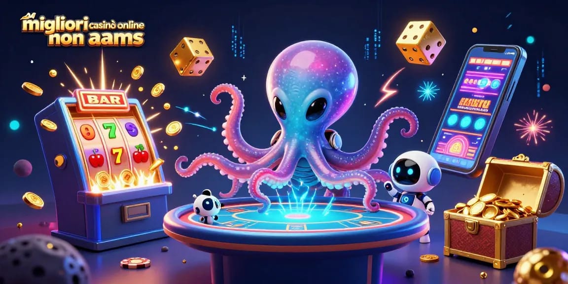 Migliori casinò online non AAMS: esplora il divertimento con un'illustrazione 3D di un polpo alieno e un robot attorno a un tavolo da poker.